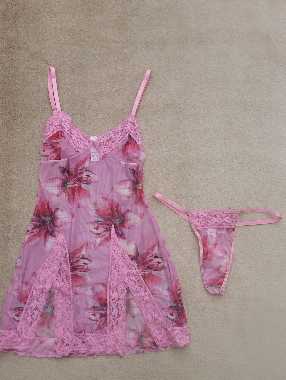 Fashion Nova Women Pink Floral Sheer Chemise 2 Pcs Size X-Small
